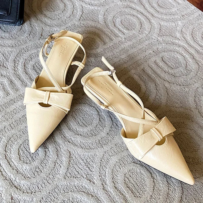 Sandals Butterflyknot Slingback Pointed Toe Pumps Crosstied Low Heeled Dress Shoes Zapatos De Mujer