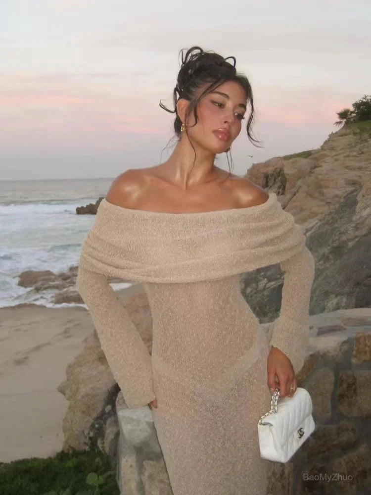 Summer Slash Neck Sunscreen Maxi Dress Long Sleeve Bodycon Knitted Vestidos Female Holiday Beachwear