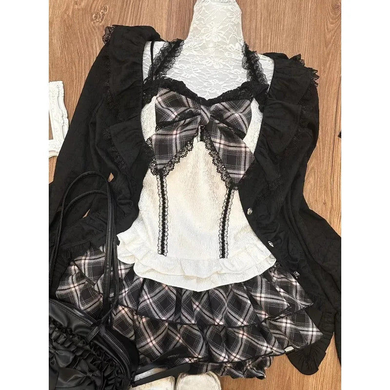 2000s American Suits Design Black Shirts Long Sleeve Cardigan + High Waist Plaid Skirt 3 Piece Suit Korean