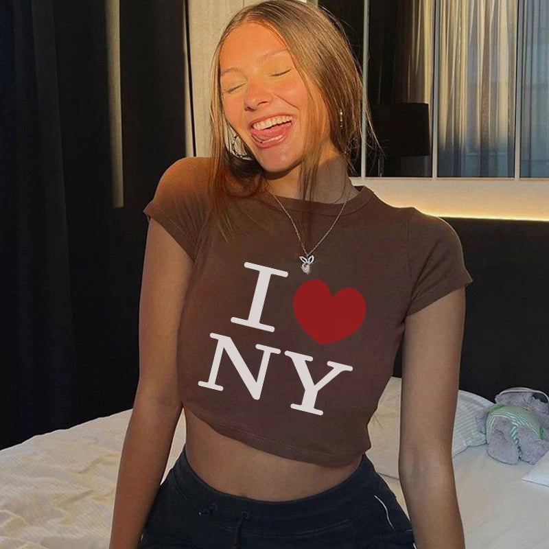 Y2k Summer New Round Neck Short Sleeved Letter Printed Open Navel European and American ’s Top T-shirt