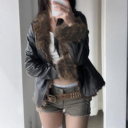 Faux Leather Fur Turndown Collar Jacket Korean Stylish Winter Cardigan Coat Punk 90s Outwear Fall