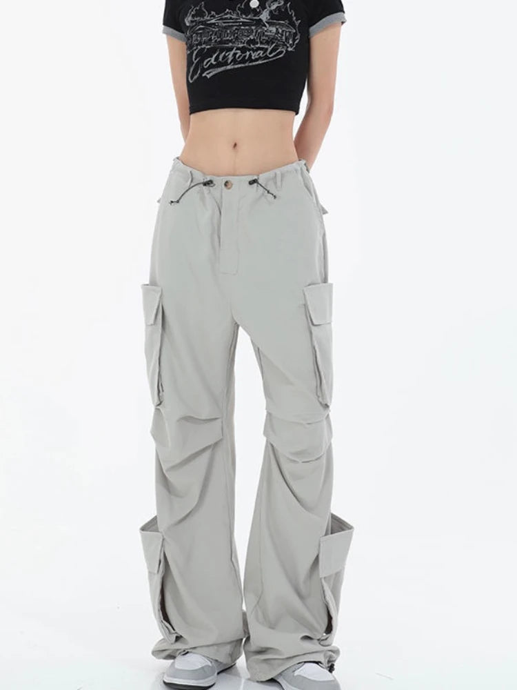 Y2k Cargo Pants Multiple Pocket Patchwork Drawstring Ruched Summer Loose Jogger Wide Leg Pants High Street
