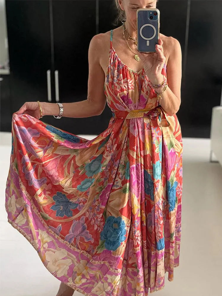Loose Printed V-neck Sling Dresses Retro Printing Sleeveless Backless Long Dress Female Spring Street Beach Holiday