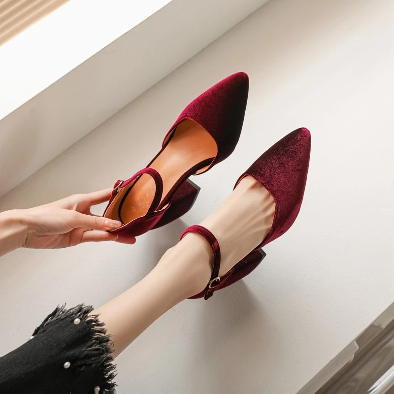 Velvet High Heels Shoes Female Ankle Straps Black Green Heeled Pointy Party Shoe Dress Pumps 45
