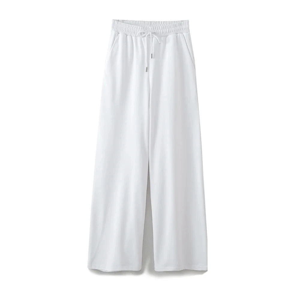 Summer Basic Round Neck Cotton Tshirt Set Short Sleeves Top Female Loose Laceup Straight Leg Pants
