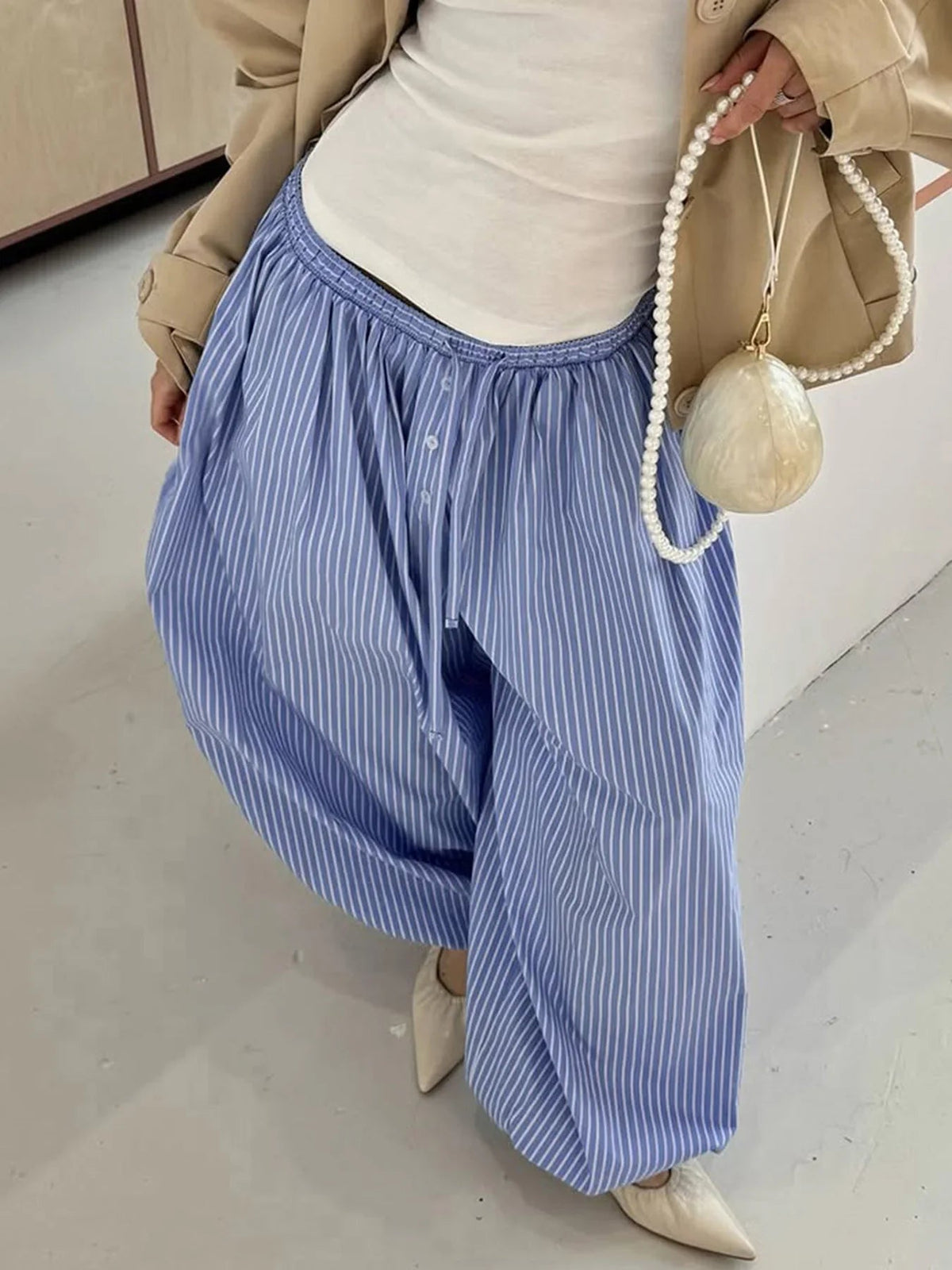 Blue Striped Print Pants Elastic Low Rise Loose Trousers Y2k Aesthetic Korean Style Hippie Trousers