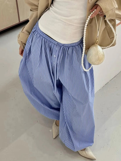Blue Striped Print Pants Elastic Low Rise Loose Trousers Y2k Aesthetic Korean Style Hippie Trousers