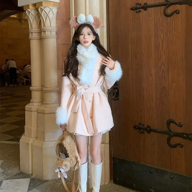 Pink Wool Coat Clothing Winter Coat Thickt Temperament Fur Collar Lace Up Slimming Aline Mid Length Top Winter Clothes