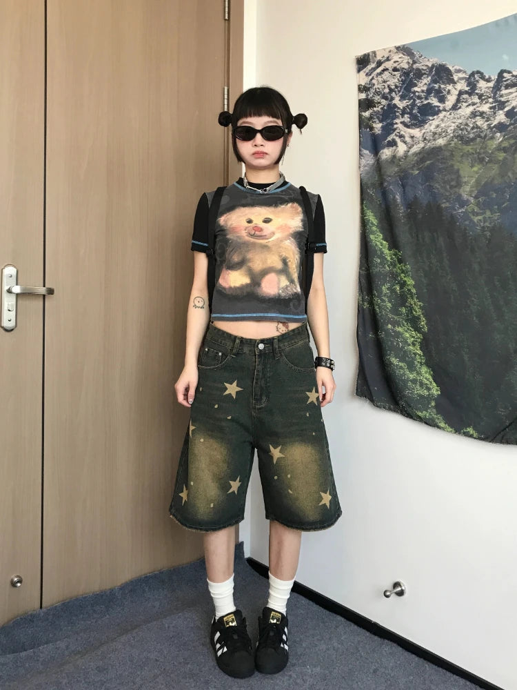 Star Print Denim Jean Shorts Hip Hop Quarter Pants Y2k Oversize Do Old Summer Slouchy Bottoms