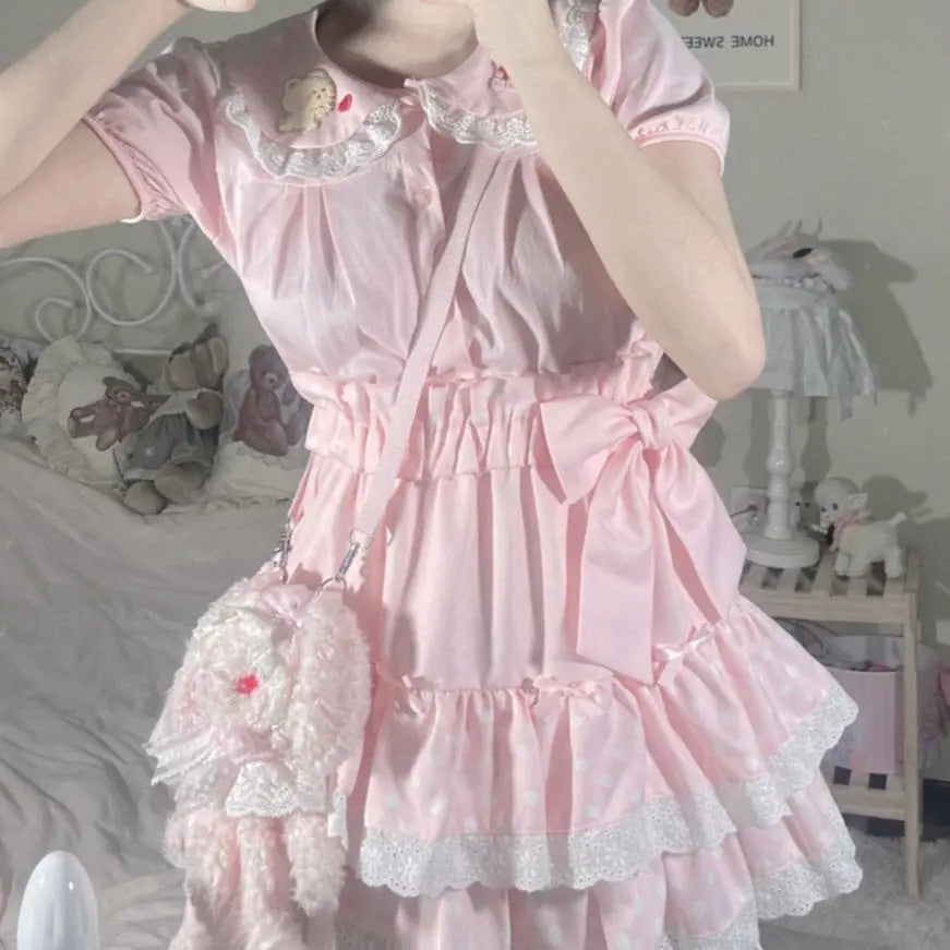 Fairy Skirt Summer Japanese Soft Girl Bow High Waist Cake Skirt Lace Short Skirt Student Versatile Half Skirt