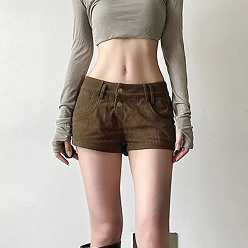 Autumn/winter Retro Furry Leopard Pattern Spliced Corduroy Shorts for Low Waist Slim Spicy Girl Pocket Hot Pants
