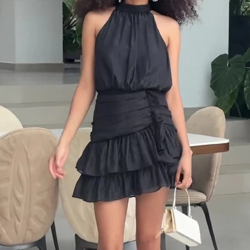 Oneck Slim Draped Party Dress Spring High Waist Ruffle Mini Dress Summer Sleeveless Bodycon Dress