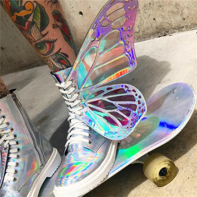Shine Silver Real Leather Flat Sneakers Butterfly Wings Shoes Lace Up Ankle Boots Hightop Leisure Platform Shoes