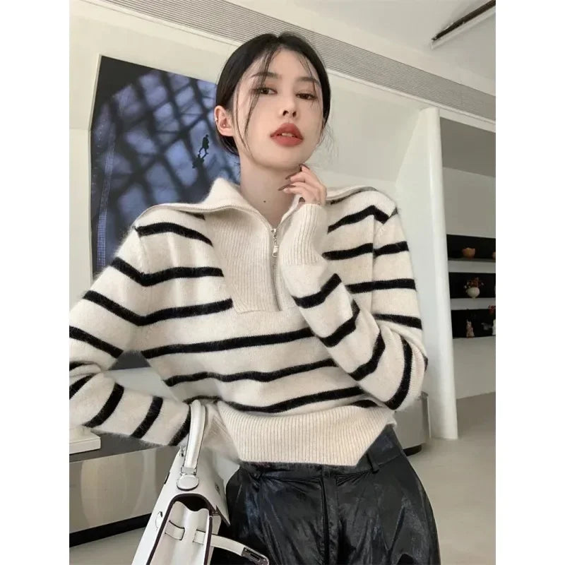 ’s Autumn Winter New Retro Lapel Half Zipper Contrasting Stripes Sweater Long Sleeved Loose Knitted Coat