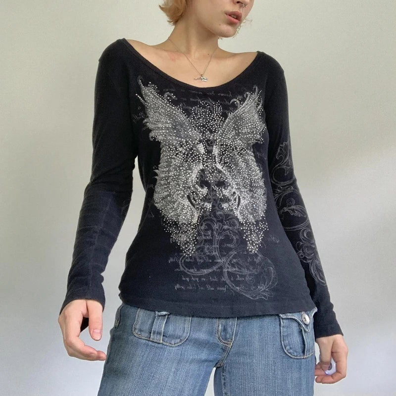 2000s Retro Rhinestone Graphic Print T-shirt Harajuku Grunge Y2k Aesthetics Fairy Crop Top Korean Mall Goth Tees