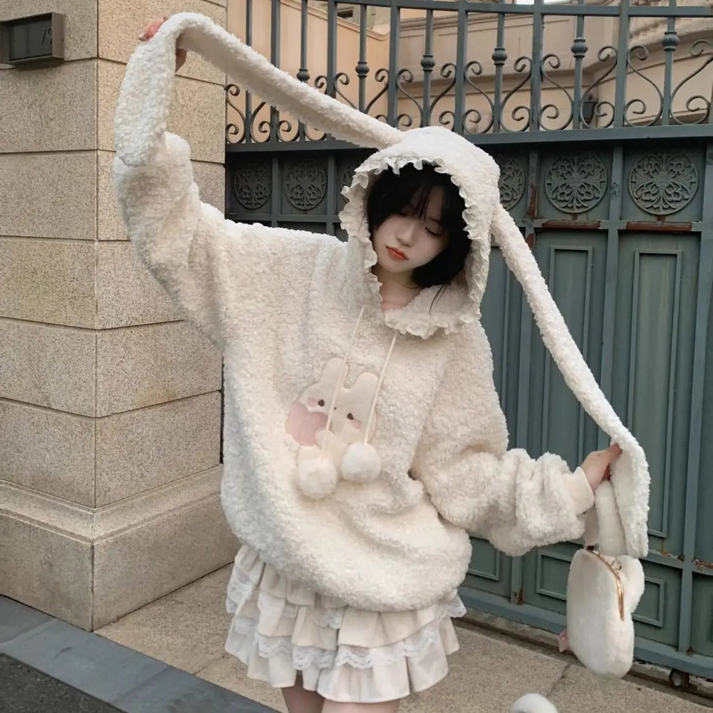 Rabbit Long Ears Hooded Lamb Wool Sweater Coat Winter Plush Padded Thickened Sweet Loose Hoodies Tops Female