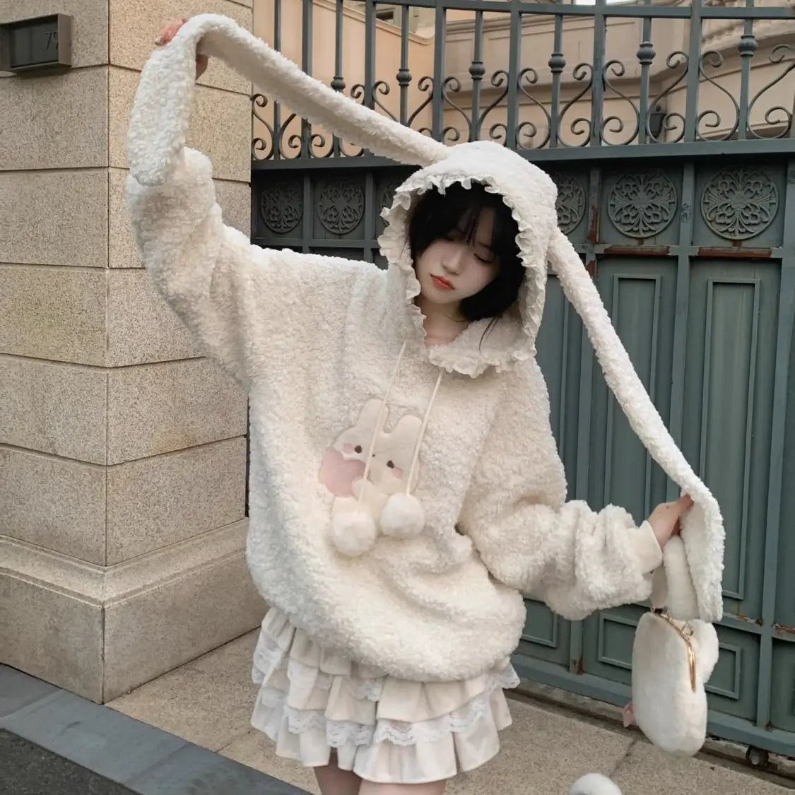 Rabbit Long Ears Hooded Lamb Wool Sweater Coat Winter Plush Padded Thickened Sweet Loose Hoodies Tops Female