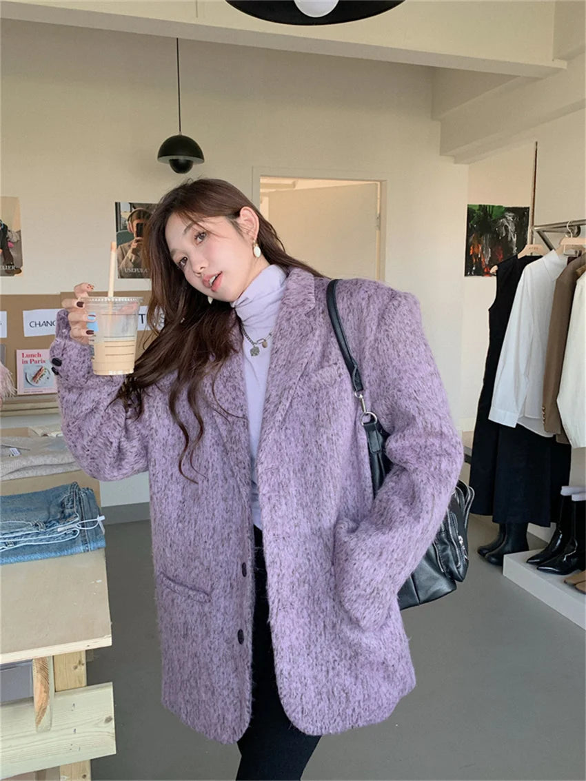 Purple Slimfit Blazers Winter Woolen Mujer Office Lady High Street Ol Warm New All Match Coats