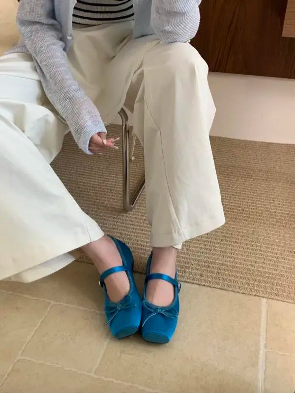 Woman Shallow Mouth Grandma Shoes Female Footwear Soft Bowknot Square Toe Ballet Dress Butterfly New