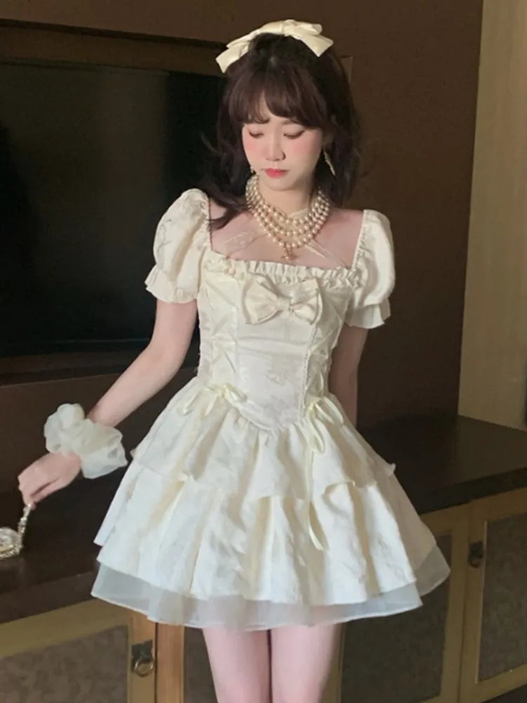 Sweet Mini Dress for Bow Puff Sleeve Princess Birthday Party Short Dresses Korean Laceup Aline Vestidos Mujer