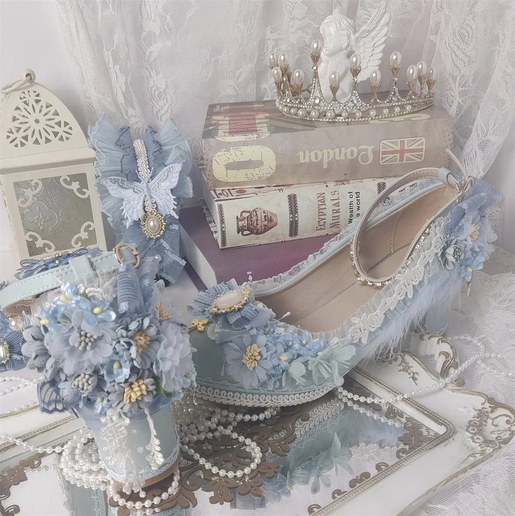 Sweet Lolita Retro Court Style Cosplay Loli Flower Wedding Gem Flower Ribbon Plush Bow 68 Cm High Heel Shoes