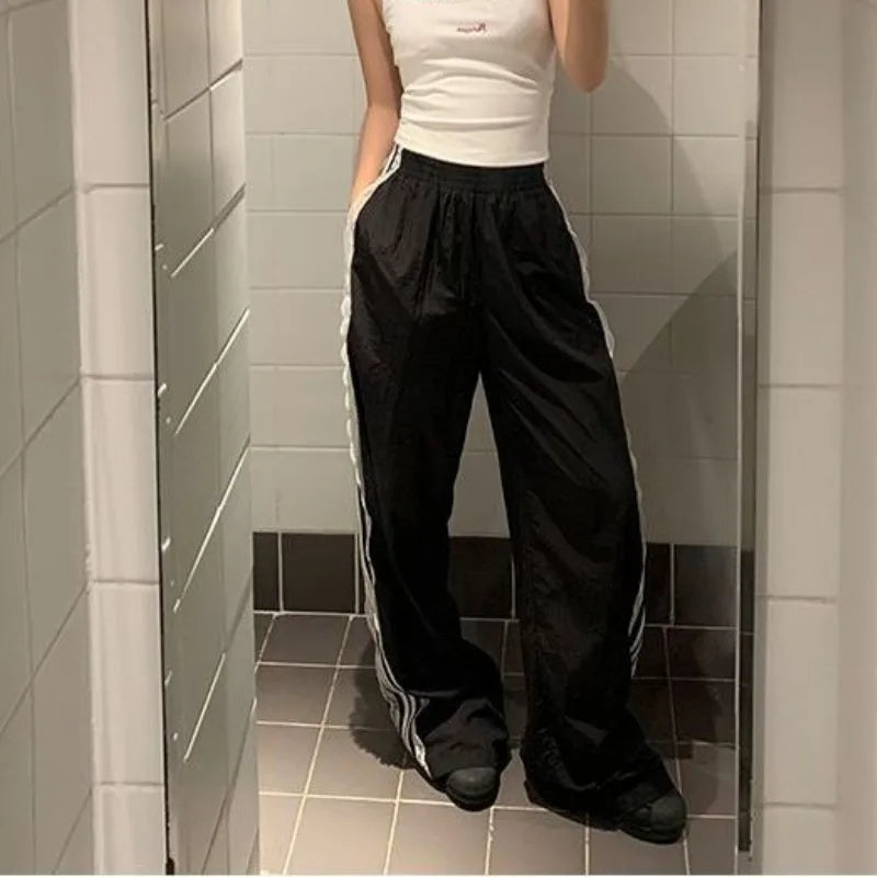 Striped Black Sports Pants Baggy Patchwork Lace Wide Leg Jogging Trousers Summer Korean Sweatpants