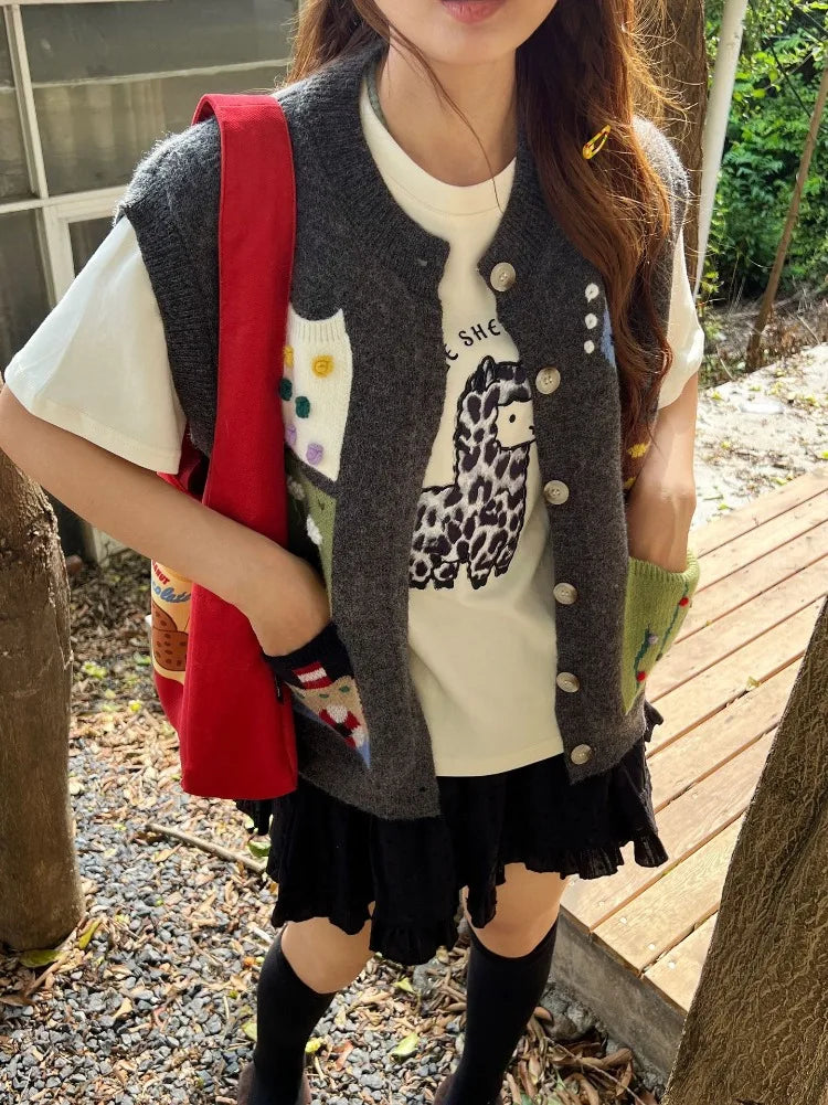 South Korea Hook 3d Flower Vest for Gray Cardigan Clothing Chaleco Mujer Pockets Design Waistcoat