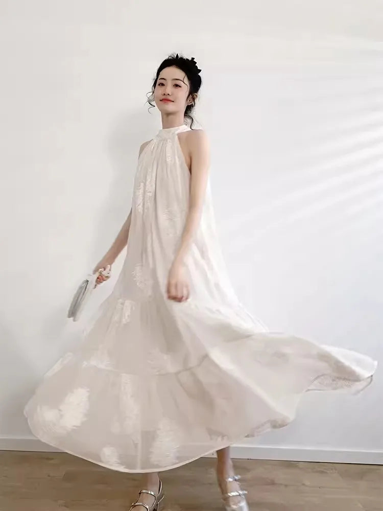 French Apricot Embroidery Printed Dress Spring Summer Sleeveless Hanging Neck Aline Dress Midi Dresses