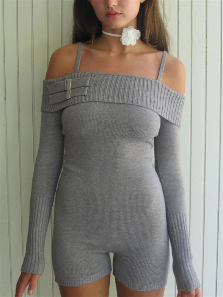 Summer New Offshoulder Jumpsuit for Long Sleeve Y2k Slim Playsuit Knitwear High Waist Short Sets Rompers
