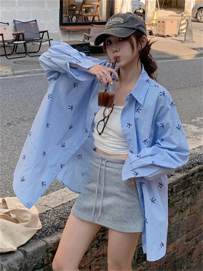 Printed Blue Shirts Autumn Daily Mujer New Loose High Street Full Sleeve Office Lady Coats