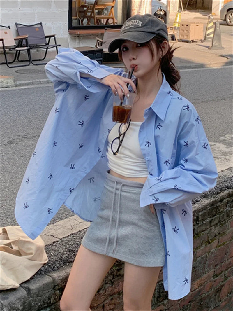 Printed Blue Shirts Autumn Daily Mujer New Loose High Street Full Sleeve Office Lady Coats