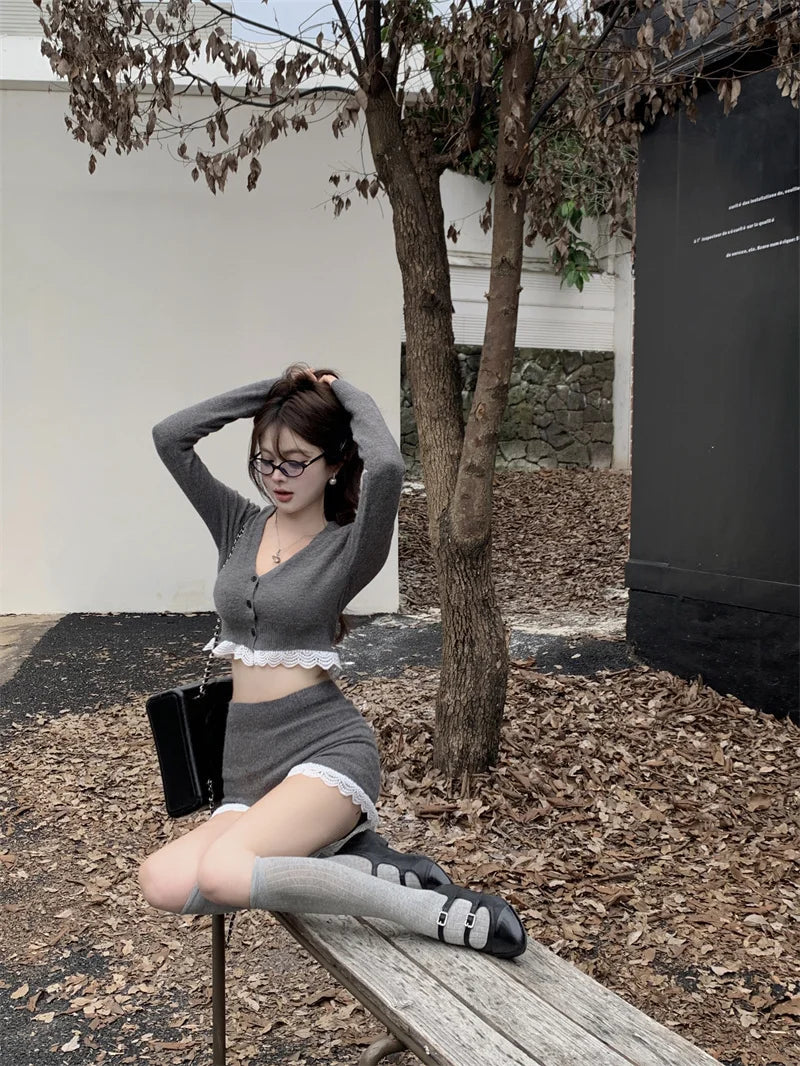 Sweet Hot Girl Suit Summer Longsleeved Vneck Cardigan Highwaisted Shorts Twopiece Set Female Clothes