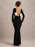 Black Tee Bow Backless Long Dress ’s High Waist Party Dress Gown Female Autumn Maxi Dress