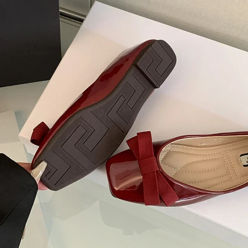 New Mary Jane Shoes Square Toe Flats Shallow Dress Shoe Butterfly Knot Patent Leather Soft Soled Ballet Shoes