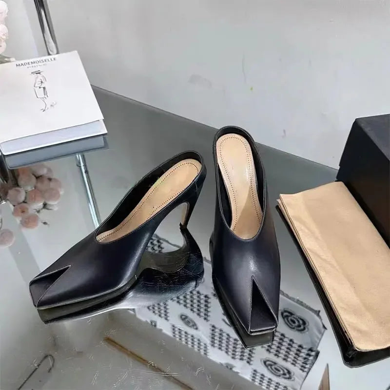 European and American Metal Buckle Slim High Heel Muller Fish Mouth Sandals Pointed Nightclub Runway Shoes
