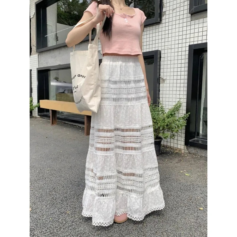 Spring and Summer Korean Retro High Street Low Waist Hollow Out White Long Lace Skirt Skirt