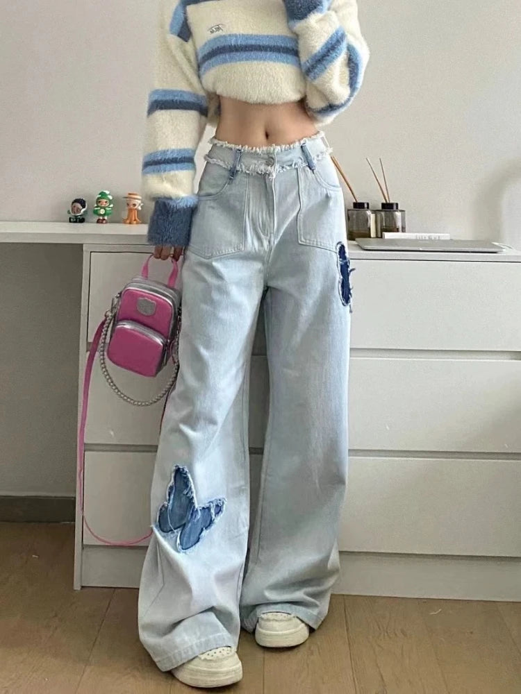 Blue Jeans Y2k Loose Butterfly Patchwork Causal High Waist Denim Pants Retro Bottoms