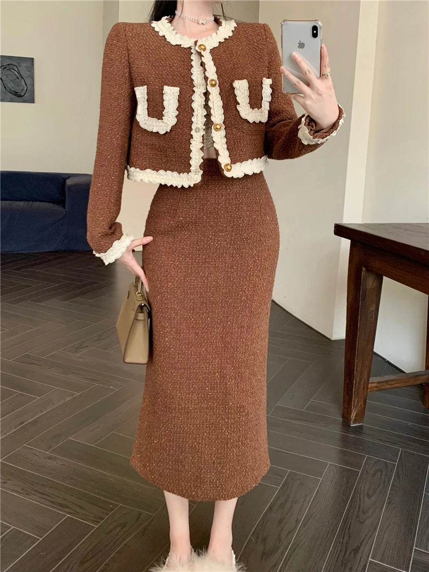 Small Fragrance Tweed Skirts Sets O Neck Patchwork Short Cardigans Jacket Long Skirt Korean Two Piece Set Female Outfits