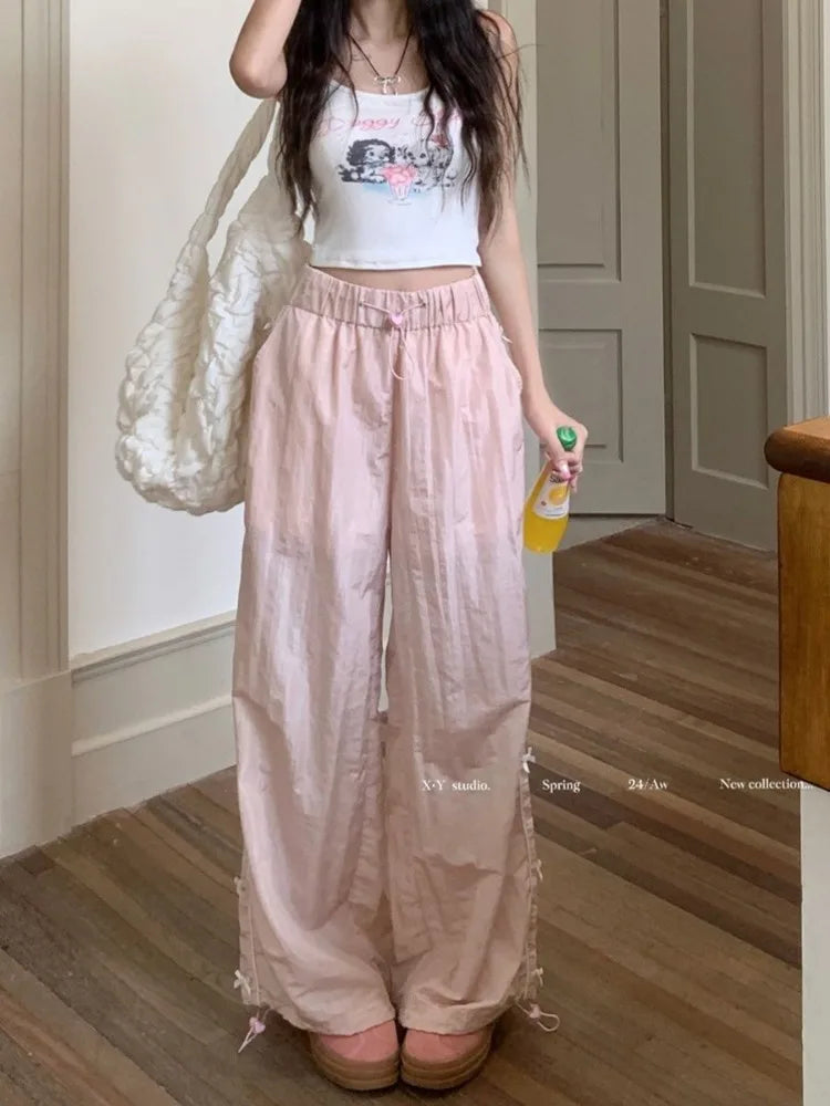 Pink Sweet Y2k Parachute Pants Korean Style Coquette Baggy Joggers Bow Harajuku Kawaii Wide Trousers