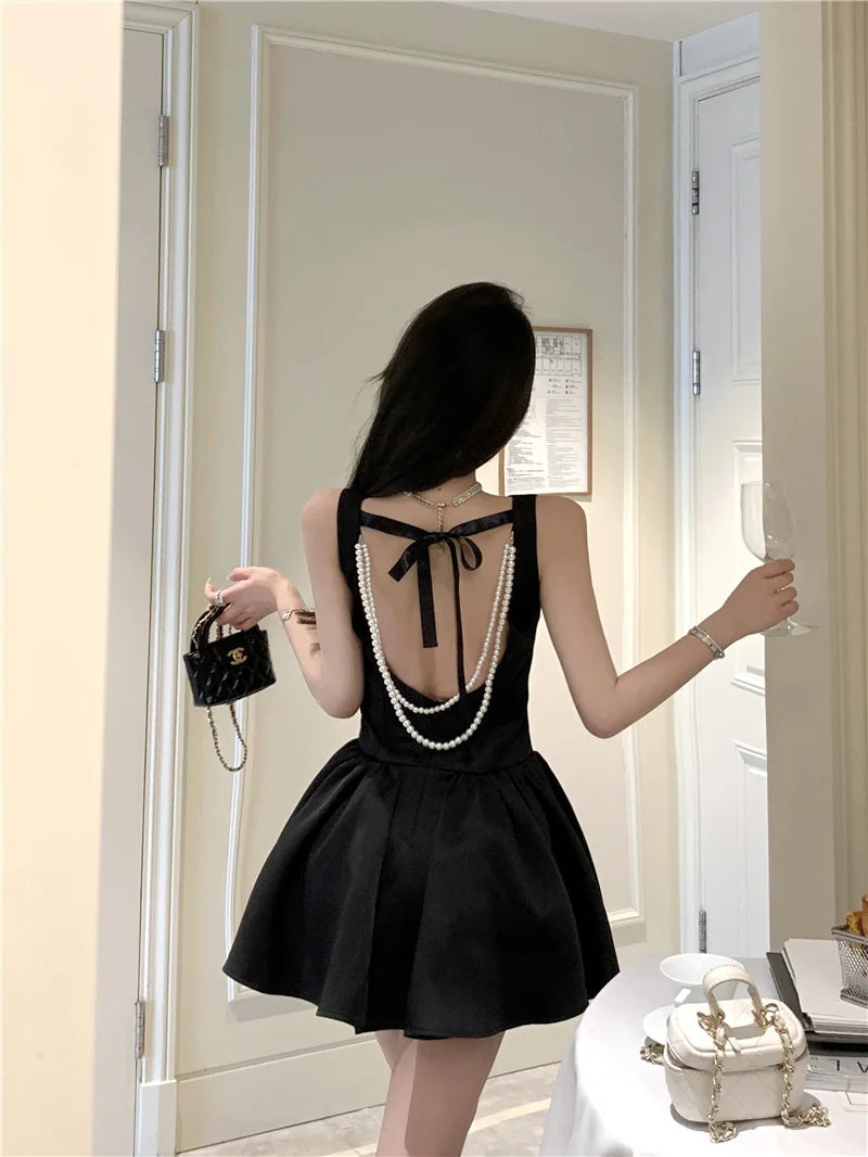 Korean Romantic Pearl Chain Backless Lace Up Princess Mini Dresses Sweet a Line Dress Birthday Evening Party Clothes