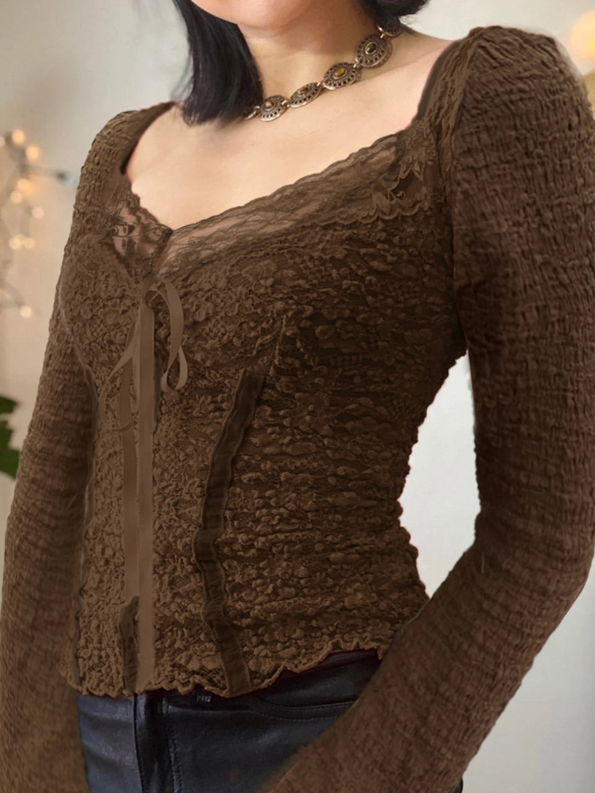 Hotsweet Lace Trim V-neck Brown Long Sleeve Blouses Bow Lace Up Flared Sleeve Slim Y2k Autumn New T-shirt