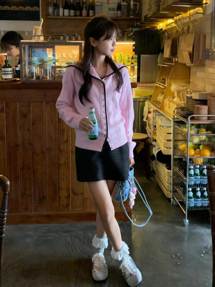 Y2k Pink Knitted Cardigan Sailor Collar Long Sleeve Sweater Korean Preppy Style Autumn Winter Clothes