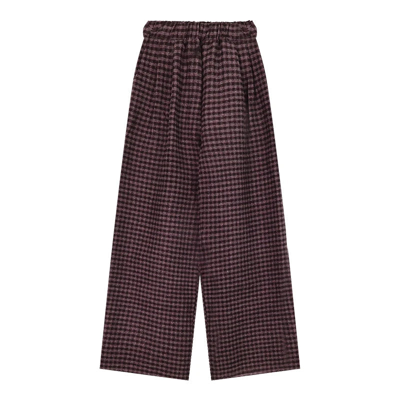 High Waist All Match Tweed Pants Spring New Contrast Color Plaid Wide Leg Pants