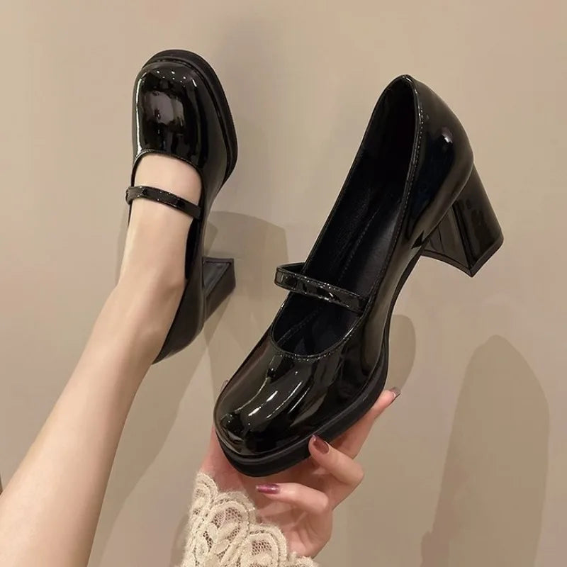 French Retro Leather Chunky Mary Jane Shoes Soft Soled Slipon High Heels Designer Jk Woman Shoes
