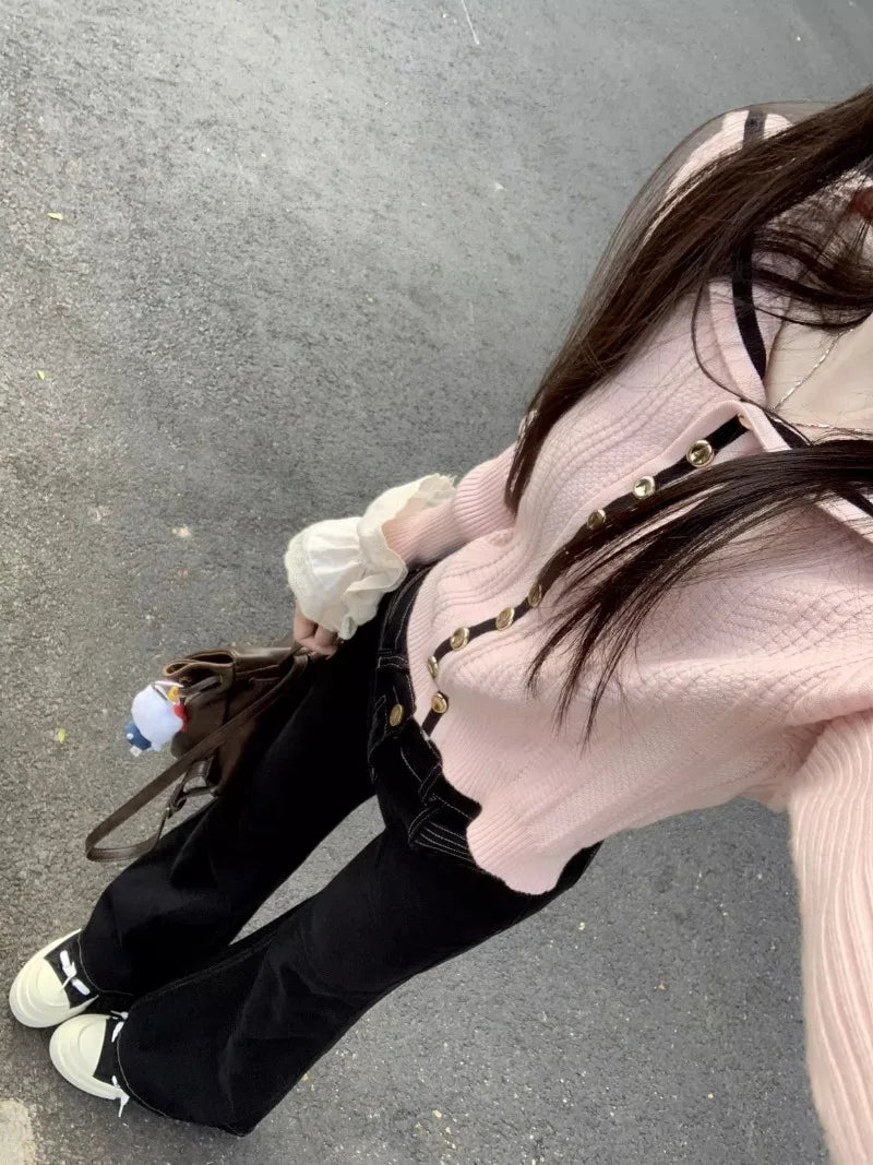 Sweet Hot Girl Pink Off Shoulder Longsleeved Sweater Autumn Sailor Collar Knitted Cardigan Top Female Clothes
