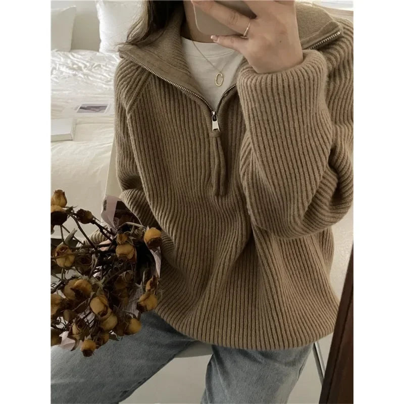 High Street Loose Thread Long Sleeve Sweater Autumn New Turn Down Collar Zipper Color Cashmere Knit Tops