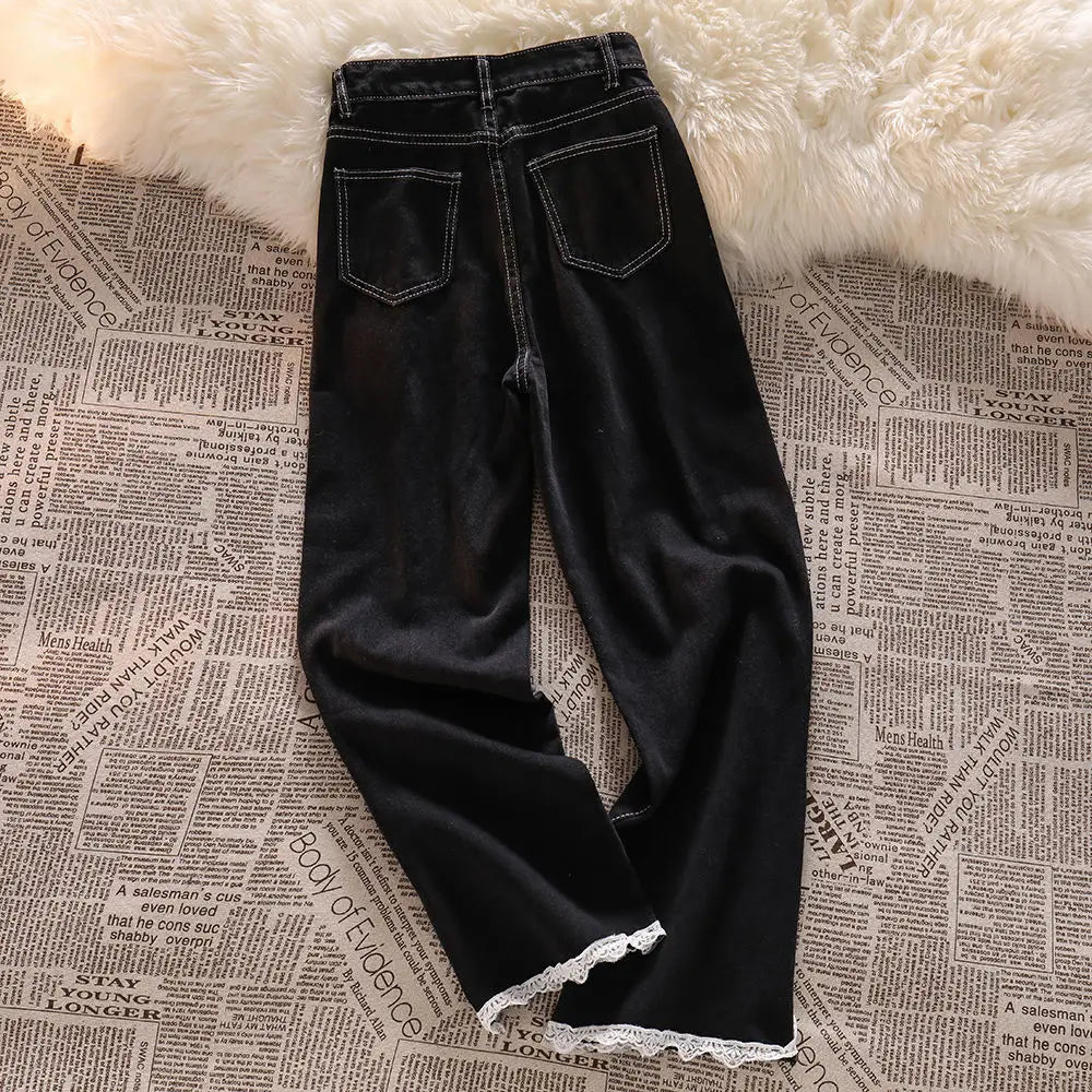 Korean Lace Slit Jeans Pants High Waist Oversize Wide Leg Trousers New Ins All Match Denim