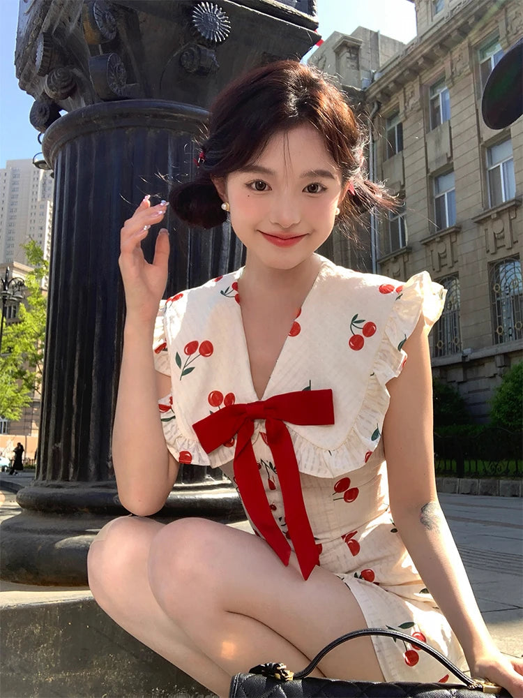 Summer Japanese Kawaii Party Dress Sweet Mini Dress Female Lace Korea Vneck Fairy Slim One Piece Dress