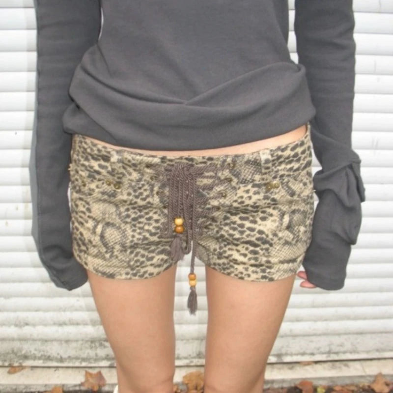 2000s Y2k Pants Lowwaisted Lace Up Ropa Mujer Summer New Aline Wide Leg American Washed Leopard Print Shorts