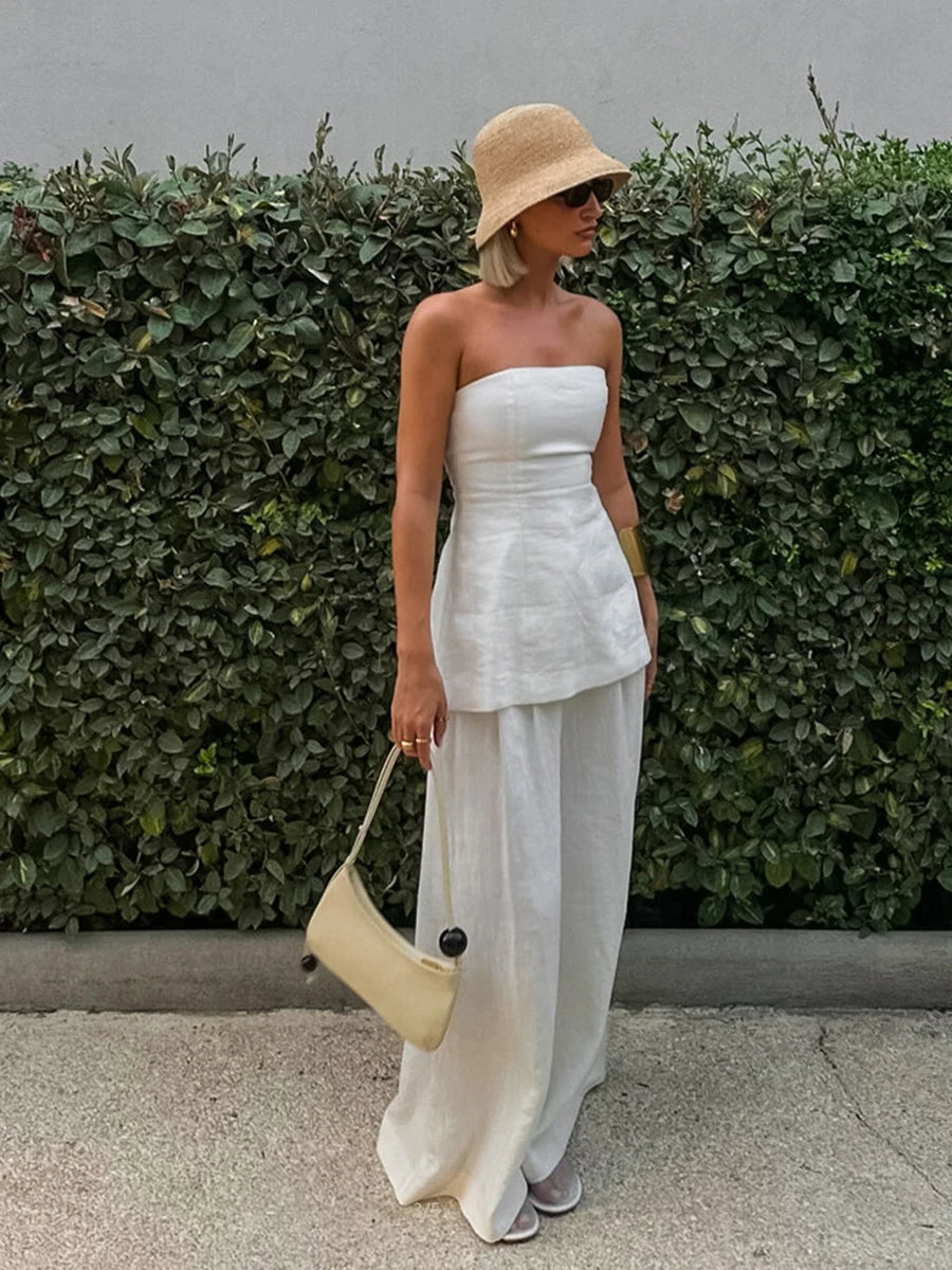 White Simple Wide Leg Pants Sets Summer New Off Shoulder Sleeveless Tube Tops Pants 2 Piece Set
